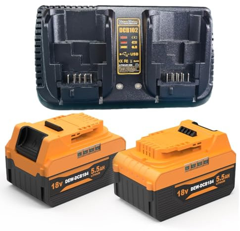 ENERGUP 2 Stück 18V 5.5Ah Akku für Dewalt Akku 18V mit Ladegerät Kompatibel mit Dewalt DCB180 DCB181 DCB182 DCB184 DCB200 DCB201