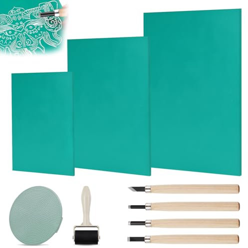 Apdvenk Linoleum Platten Linoldruck Set,9 Stk A4 A5 A6 Gummistempel Schnitzblöcke,Weichgummi Linoldruck Platte zum Gravieren,Grün Flache Oberfläche Linolschnitt Platten für Druckgrafiken,Kunsthandwerk
