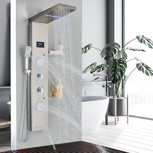 Système de Tour de Panneau de Douche à LED en Nickel brossé, système de Douche Multifonction en Acier Inoxydable avec Affichage numérique, Pomme de Douche à Effet de Pluie, Jets de Massage p