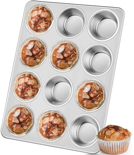 Leonyo Molde de metal para magdalenas de acero inoxidable no tóxico, 12 tazas