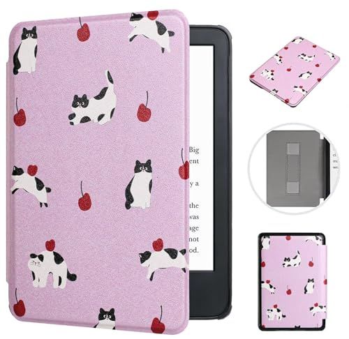 MOKASE Fodral för 7 tum Kindle Paperwhite (12:e generationen, 2024) och Kindle Colorsoft Signature Edition, ultratunt PU-läder hårt skyddande fodral med handrem för 7 tum E-läsare, lila katt