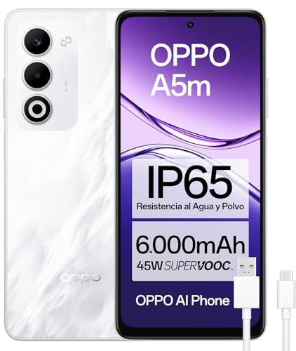OPPO A5m - Smartphone Libre con IA, 8GB RAM + 256GB, Pantalla 6.67 90Hz, Cámara 32MP, Batería 6000, Carga Rápida 45W, Versión Española – Blanco