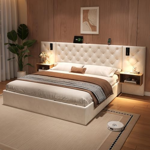 5ft King Size Upholstered Bed Frame with Hydraulic Lift, Wide Headboard with Charging Station&Reading Light&Bedside Storage, Velvet Gas Lift Functional Ottoman Storage Bed with Slat, No Mattress,Beige