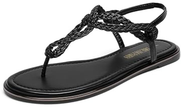 DREAM PAIRS Women's Flat Sandals Dressy Summer Stappy Comfortable Ankle Elastic T-Strap Beach Thong Sandals,Size 9,All Black,SDFS2406W