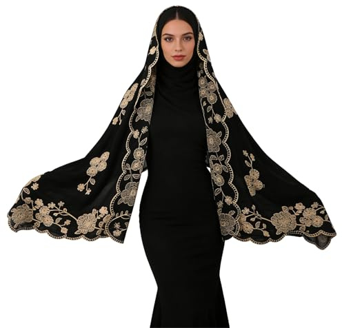 OhMill Muslim Women's Modest Black Sheer Hijab Scarf Gold Embroidered Headscarf Shawl Headpiece for Islamic Ladies
