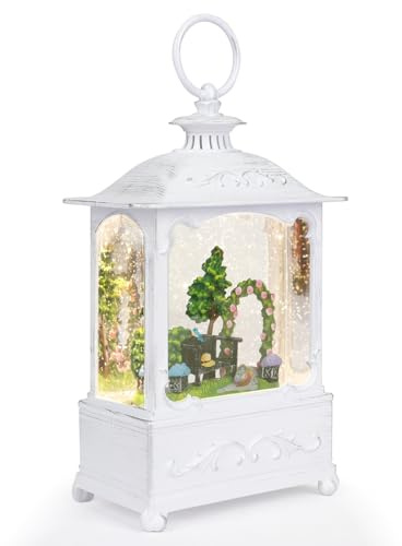 Spring Snow Globe Lantern with Garden Scene, Light Up Glitter Water Globe with 6H Timer, USB & Battery Powered Easter Decor, Spring Decorations for Home
