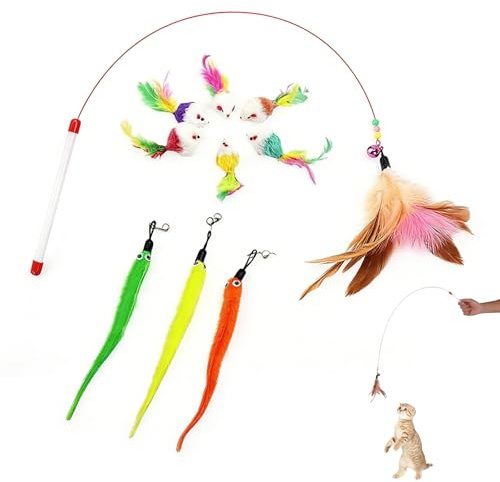 LEOINAER Jouet pour Chat avec Plumes - Kit de Recharges avec 6 Souris, 1 Plume et 3 vers de Remplacement - Accessoire Amusant pour Canne à Pêche pour Chat