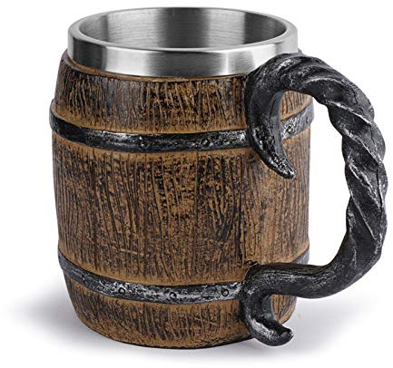 Goodtimera Chope À Bière Faite À La Main Bière en Tonneau en Bois Chêne, Baril 450 ML Écologique Naturel, Tasse À Cocktail À Double Paroi en Acier Inoxydable pour Bar Restaurant