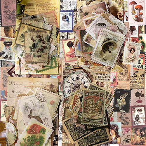 4 Stile (240 Stück) Vintage Aufkleber Stempel Scrapbooking Aufkleber Dekoration Papier Aufkleber für Scrapbook Kalender Notizbuch Tagebuch Fotoalbum DIY Dekoration Charakter Pflanze Gebäude 47x67MM