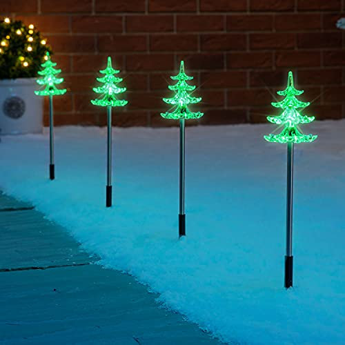 CHRISTOW Christmas Tree Path Lights, Green LED Outdoor Pathway Stake Decorations, Battery Operated with Timer (Set of 4)