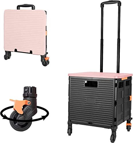 Quick Utility Cart Folding Portable Rolling Crate Handcart with Durable Heavy Duty Plastic Telescoping Handle Collapsible 4 Rotate Wheels for Travel Shopping Moving Luggage Office Use (black&pink lid)