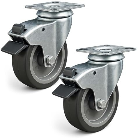 Wiltec Jeu 2x Roulette pivotante en caoutchouc – Ø 75 mm – Capacité de charge 75 kg – Roue avec Frein et Plaque de montage – Transport Appareil Accessoire Meuble – Usage silencieux sans trace