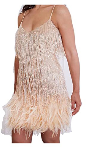 Msharn Women's Feather Fringe Sequin Spaghetti Strap Dress,Sexy Deep V-Neck Bodycon Dress Party Dancewear (Color : Gold, Size : S)