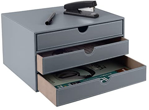 Skrivbordsorganisatör i konstläder med 3 lådor, kontorsmaterial, A4-format, stapelbar, för smycken, fakturor, papper, dokument, smink, heminredning