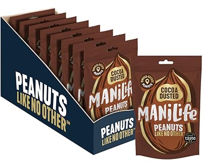 ManiLife Cocoa Dusted Peanuts 8 x 75g Packs - Small Batch Vegan Chocolate Peanuts Made with 100% Tanzanian Sourced Cacao Nibs & Grade-A Argentinian Peanuts - No Palm Oil, Full Crunch, Nutty Snack