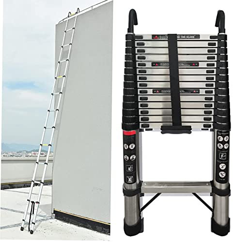 Telescopic Ladder 4.4M/14.5FT Stainless Steel Extension Ladder with Stabilizer Bar & Detachable Hooks, Multi Purpose Extendable Loft Ladder Portable Folding Ladder, 15 Steps, Max Load 150kg, EN131