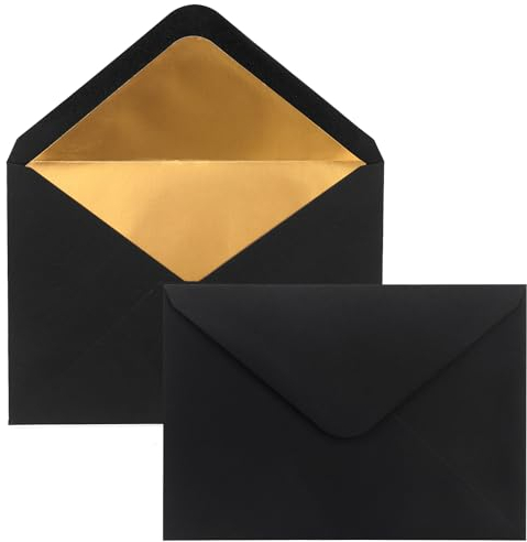 Briefumschläge C6 mit Gold Innenfutter - 162 x 114 mm - Schwarz - gefüttert mit Goldfolienpapier- Nassklebung - 50 Stück