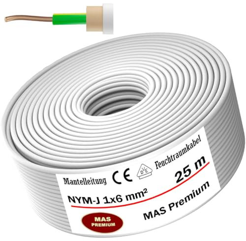 Câble d'alimentation NYM-J pour pièces humides, de 5 à 100 m, 1 x 6 mm², câble électrique OFC avec anneau OFC pour pose fixe (25 m)