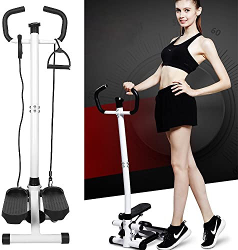 Stepper mit Aufrechtem Handlauf+Trainingsseil, Up-Down-Stepper mit Multifunktions-Display, Drehstepper & Sidestepper für Anfänger & Fortgeschrittene, Sport Geräte für Zuhause (schwarz weiß)