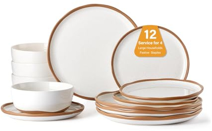 Lareina Plates and Bowls Set, 12 Pieces Farmhouse Ceramic Dinnerware Sets, Scratch Resistance, Dishwasher Microwave Safe, Vanilla White