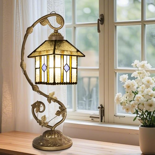 Ppbmocw Small Tiffany Lamp, 8 Inch Tiffany Style Lights Table Lamps for Living Room, Bedside, Reading,Vintage Mini Stained Glass Lamp Included 3 Color Temperatures E27 Bulb(Geometry House)