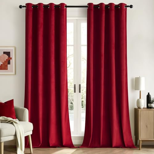 Woaboy Samtvorhänge Verdunkelungsvorhang Gardinen Samt mit Ösen Blickdicht für Wohnzimmer Blackout Curtains Thermovorhang Schalldämmend Schlafzimmer 2er Set 140x245cm (B x H) Rot