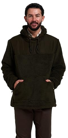 JACK PYKE Men’s Sherpa Fleece Hoodie Gen 2, Long Sleeve Hunting & Hiking Fleece Jacket Mens with Zipped Kangaroo Pockets, Elbow & Shoulder Patches, Drawstring Hood - Dark Olive, Medium