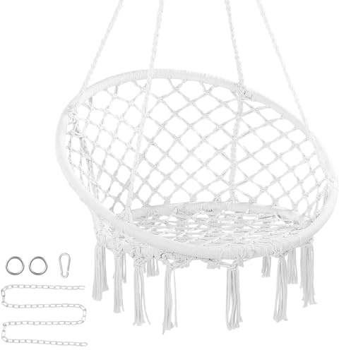 VEVOR Hängesessel 150 kg Makramee Hängesessel mit Befestigungsmaterial Sitzpolster geflochten Fransen Hängestuhl Hängekorb Schaukelkorb für Schlafzimmer Balkon Terrasse Garten 800 x 625 x 1200 mm Weiß