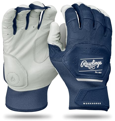 Rawlings | Workhorse Adult Baseball Batting Gloves | White/Navy | Med