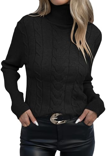 iChunhua Black Turtle Neck Cable Jumpers for Women UK Stretch Knitted Ladies Slim Fit Jumper Black M