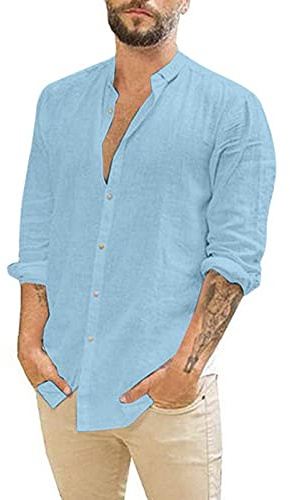 Rodawu Mens Shirts Long Sleeve Cotton Linen Shirts Casual Summer Shirts Lightweight Beach Tops Fashion Light Blue Shirt L