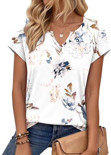 PLOKNRD T-Shirt Été Manches Courtes Col V Hauts pour Femmes Décontractés Tee Shirts Classique Lâche Top de Sport