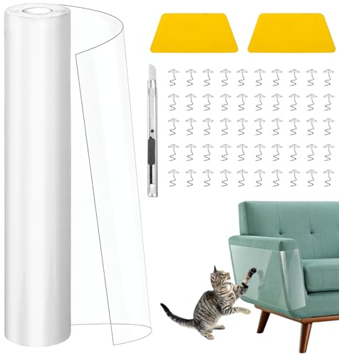 Cat Anti Scratch Furniture Protector Tape, 30cm×5M Sofa Door Protector from Pets Dog, Transparent Self-adhesive Stop Cat Scratching Protection for Furniture Carpet Couch with 50 pins & 2 Scrapers