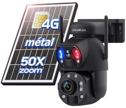 SHIWOJIA Camera 4G Solaire Exterieur, Caméra 4G Double Objectif Zoom Hybride 50X, 6MP avec Vision Nocturne en Couleur, Détection Humaine PIR, Fente SD, Métal, IP66