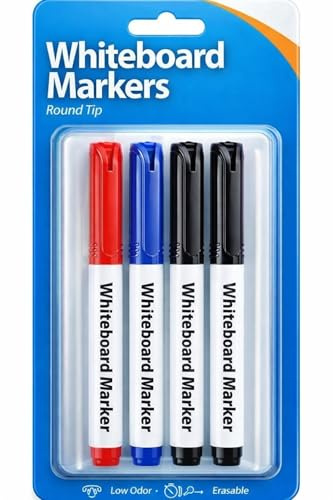 1ABOVE Dry Wipe Whiteboard Markers, Round Tip, Full Size, Non-Toxic, 4 Pack, Assorted Colours