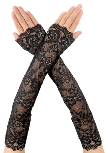 DIVINA VITAE Lange Schwarze Spitzen Handschuhe, Fingerlose Spitzenhandschuhe Damen, Lace Gloves mit Blumenmuster für Brautparty, Abschlussballkleid, Oper