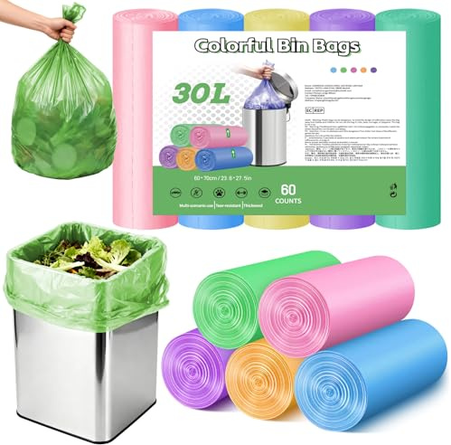 30L Bin Liners, Heavy Duty Colorful Kitchen Trash Bags, Strong Leakproof Food Waste Bags, 8 Gallon Household, Bathroom & Office Refuse Sacks, Pack of 60