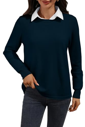 AMZANGEL Women's Merino Wool Sweater 100% Wool Pullover Crewneck Long Sleeve Knitted Banded Hem Sweater Peacock Blue