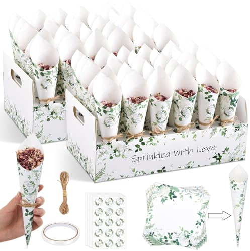 Nezyo 60 Pcs Confetti Cones Elegant Green Leaves, Wedding Holder Box | Confetti Cones for Favours, Including Rope Adhesive Stickers Box Tray and Tape for Wedding Bridal Shower Party Decoration
