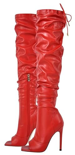 Over the Knee High Slouch Boots for Women with Zipper Open Square Toe Spikes Stilettos Pleated Tall Boots Ruched Self-tie Long Shaft Thigh High Booties PU Leather Red Gladiator Sandals Size 3