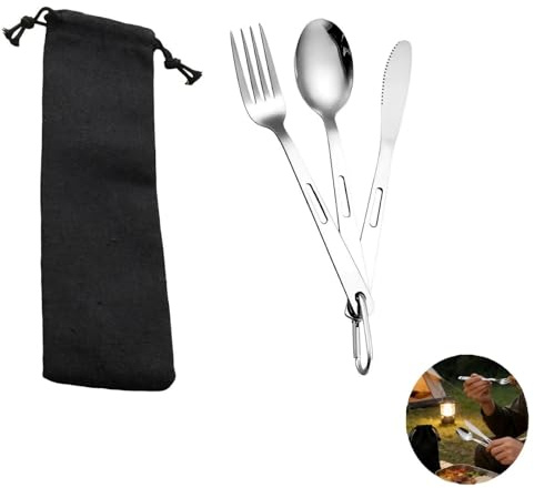 Campingbestick, 3 stycken resebestick i rostfritt stål med karbinhakar och väska, bestick To Go rostfritt stål, ätbestickset med kniv gaffel sked, för resor, utomhus, resor