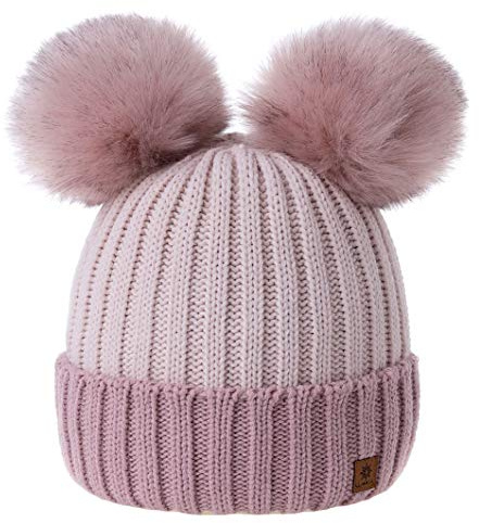Girls Winter Beanie Hat Knitted Hats Kids Girl With Large Double Pom Pom Ski MFAZ Morefaz Ltd (Rose-Pink Powder-Pink)