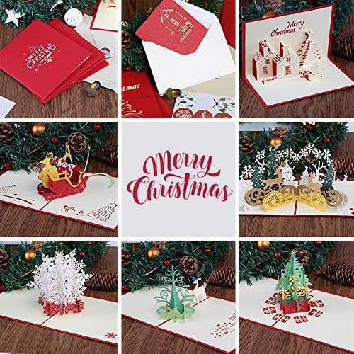 Kesote Joyeux Noël 6Pcs Carte de Noël avec Enveloppe 3D, Pop-Up Cartes de Vœux Noël, Arbre de Noël, Le Père Noël, Flocon de Neige, 6 Cartes + 6 Enveloppes + 6 Autocollants