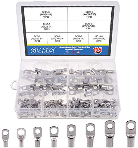 Glarks 125 Uds. de grado marino estañado de alambre de cobre de alta resistencia, terminales de cable de batería, ojales, kit surtido de conectores de terminal de anillo SC, 125 Uds