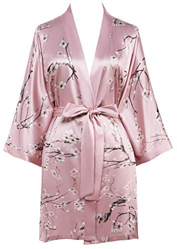 Coucoland - Accappatoio da donna corto, motivo floreale, in raso, estivo, leggero, mini accappatoio da notte elegante Colore: rosa. Taglia unica