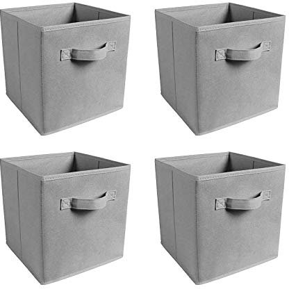 ZOONFA Set of 4 Foldable Cube Storage Boxes Collapsible Linen Fabric Clothing Shelf Basket Bins Toy Box Home Office Organizer (Grey)