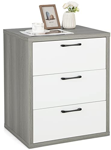 Giantex 3 Drawer Dresser, 25 Tall Wood Drawer Chest Dresser Cabinet with Storage & Gray Grain, Storage Cabinet, Nightstand for Living Room, Bedroom, Hallway, Entryway