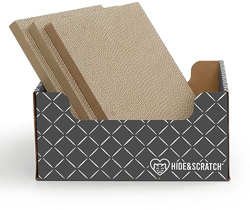 Hide & Scratch Cardboard Cat Scratcher Box & Bed - Dark Grey Diamond (+ 3 Refill Pads) | Double-Sided Corrugated Pad for Indoor Cats | Refillable Scratching Board Toy for Play & Furniture Protection