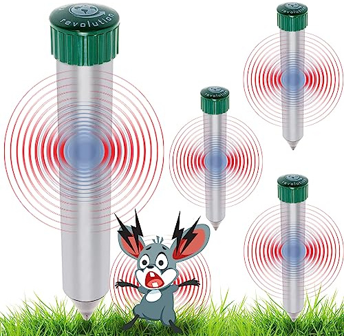 4 Pack Sonic Mole Chaser - Battery Operated Pest Repeller Stake, Scares Away Moles, Voles, Gophers and Rats by GreenLighting (Metal & Green)