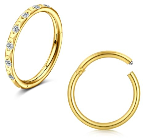WillTen 2PCS Piercing Naso Cerchio Oro, 16G 8mm Nostril Piercing Acciaio Chirurgico con Diamante a Cerniera Segmento Anelli del Naso Helix Orecchino Cartilagine Elica Tragus Rook Gioielli